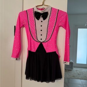 Hot pink and Black Kids figure skating dress with sparkle Bow Tie